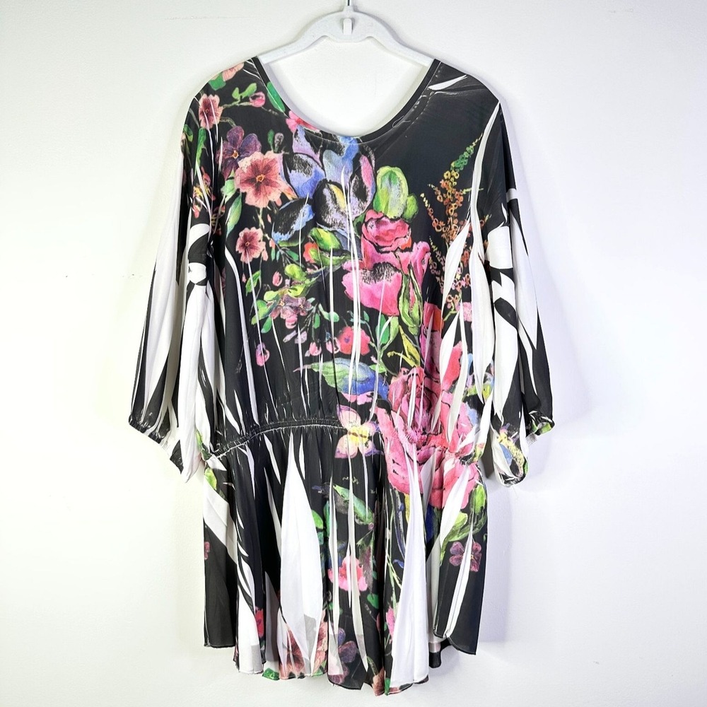 Ashley Stewart Top Women 18/20 Plus Black Floral Puffy Slv Tunic Peplum Bohemian